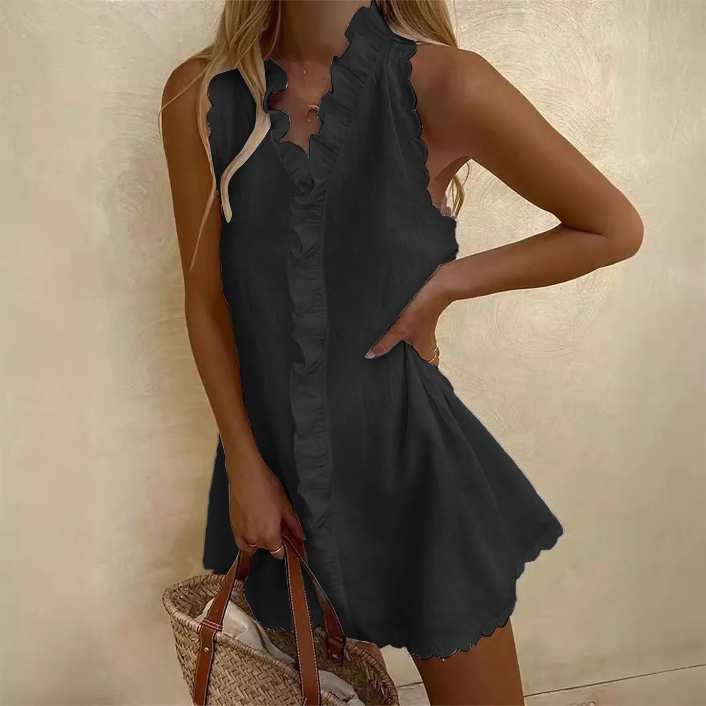 Vestido Mini "Pink Sorbet": Estilo Romántico con Volantes y Bordado Festoneado