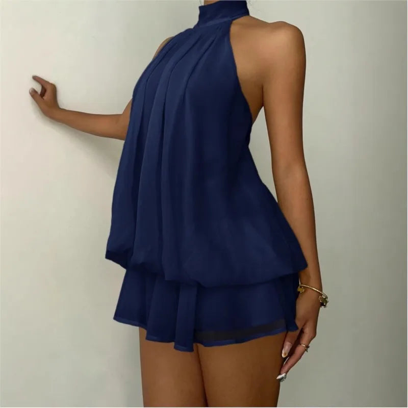 Vestido con Cuello Halter y Falda Drapeada