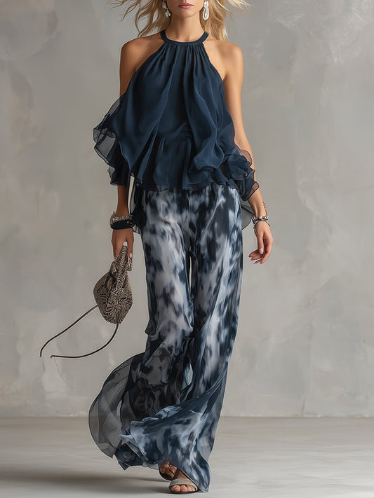 Gabriela - Un elegante conjunto de gasa con top de cuello alto y pantalones anchos estampados