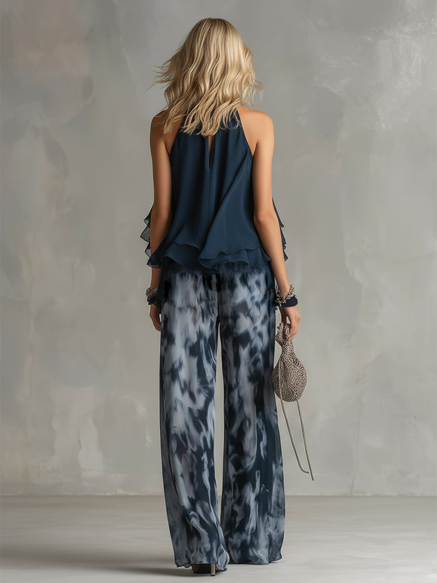 Gabriela - Un elegante conjunto de gasa con top de cuello alto y pantalones anchos estampados