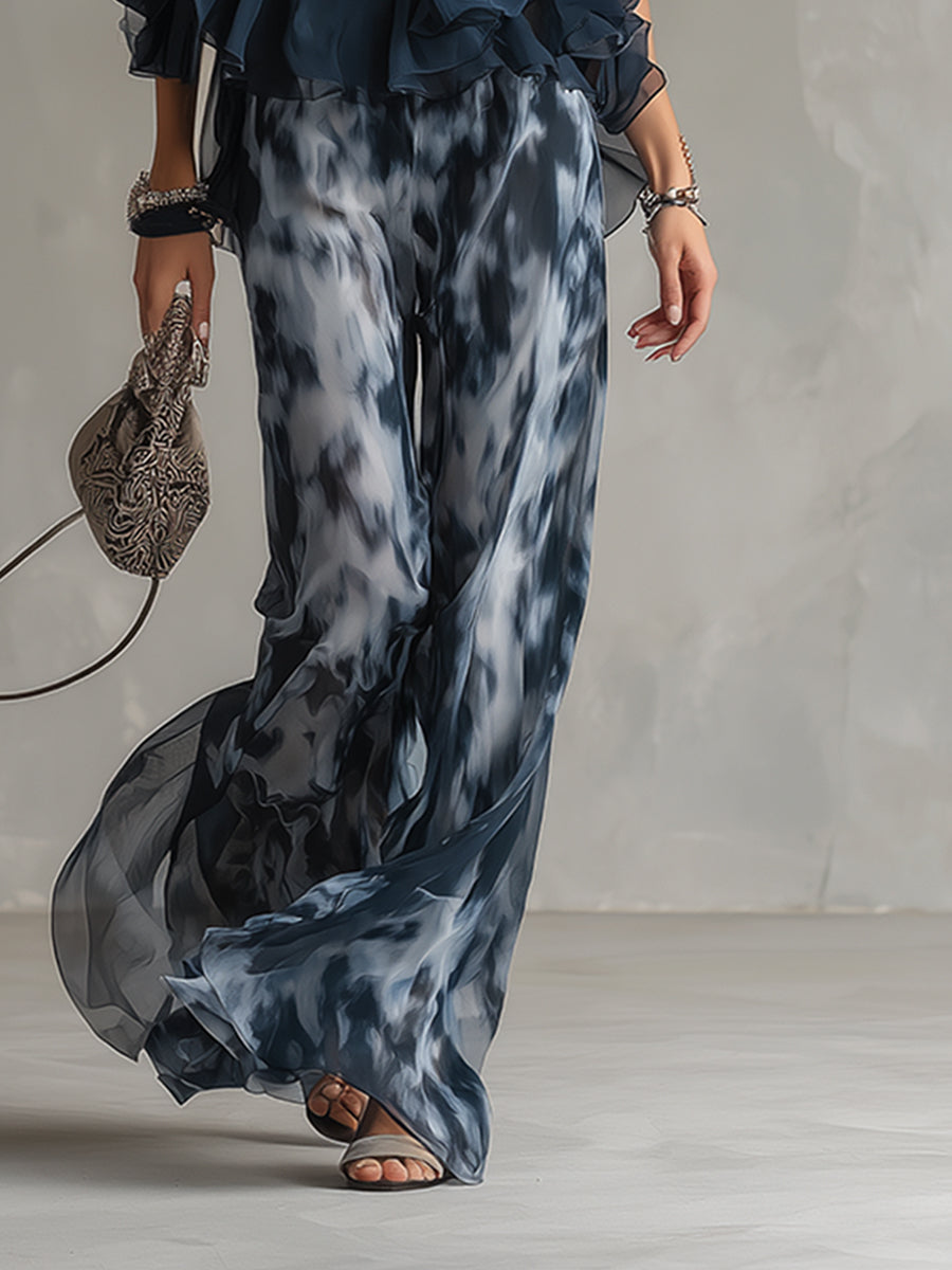 Gabriela - Un elegante conjunto de gasa con top de cuello alto y pantalones anchos estampados